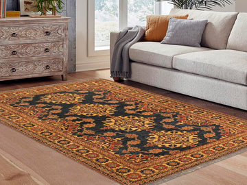 handmade Geometric Super Kazak Blue Tan Hand Knotted RECTANGLE 100% WOOL area rug 5x6